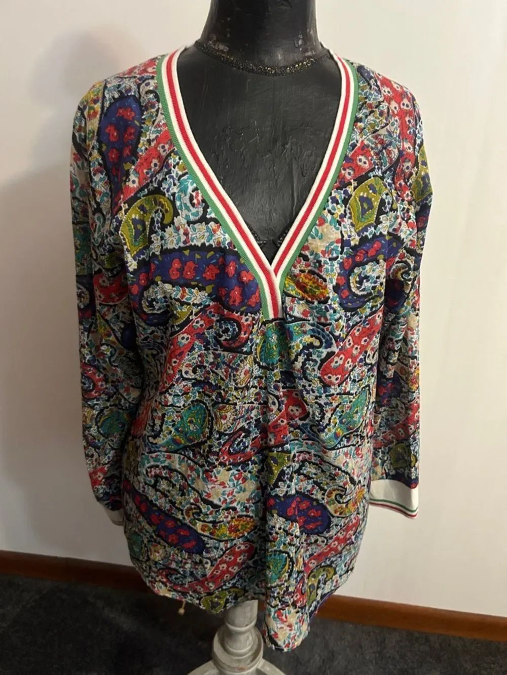 Colorful Paisley V-Neck Tunic with Striped Trim